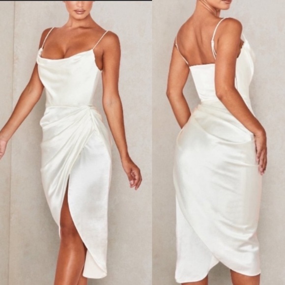 House of CB Reva Dress in Ivory satin size Medium NWOT white midi - Picture 3 of 17